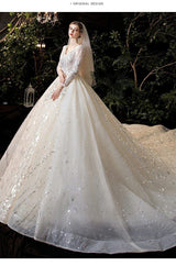 Luxury Princess Long Sleeves Wedding Dress with Crystal Sequined Lace