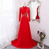 Red Beaded Long Sleeve Formal Evening Gown