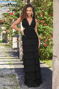 Saylor V-Neckline Pleated Satin Ruffle Maxi Dress (Black)