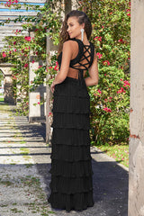 Saylor V-Neckline Pleated Satin Ruffle Maxi Dress (Black) - treasures-4-u-2-day