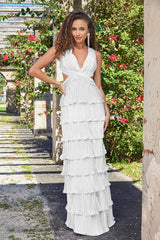 Saylor Lustrous Pleated Satin Ruffle Maxi Dress (White) - treasures-4-u-2-day