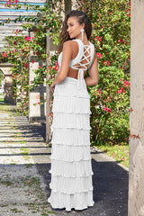 Saylor Lustrous Pleated Satin Ruffle Maxi Dress (White) - treasures-4-u-2-day