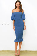 The Skyla Shirred Puff Lantern Sleeve Midi Dress (Navy)