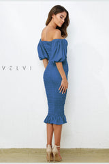 The Skyla Shirred Puff Lantern Sleeve Midi Dress (Navy) - treasures-4-u-2-day
