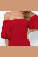 The Skyla Shirred Puff Lantern Sleeve Midi Dress (Red) - treasures-4-u-2-day
