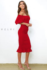 The Skyla Shirred Puff Lantern Sleeve Midi Dress (Red) - treasures-4-u-2-day