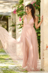 Sydney Deep-V Sheer Satin Pleated Bodice Maxi Dress (Blush) - treasures-4-u-2-day