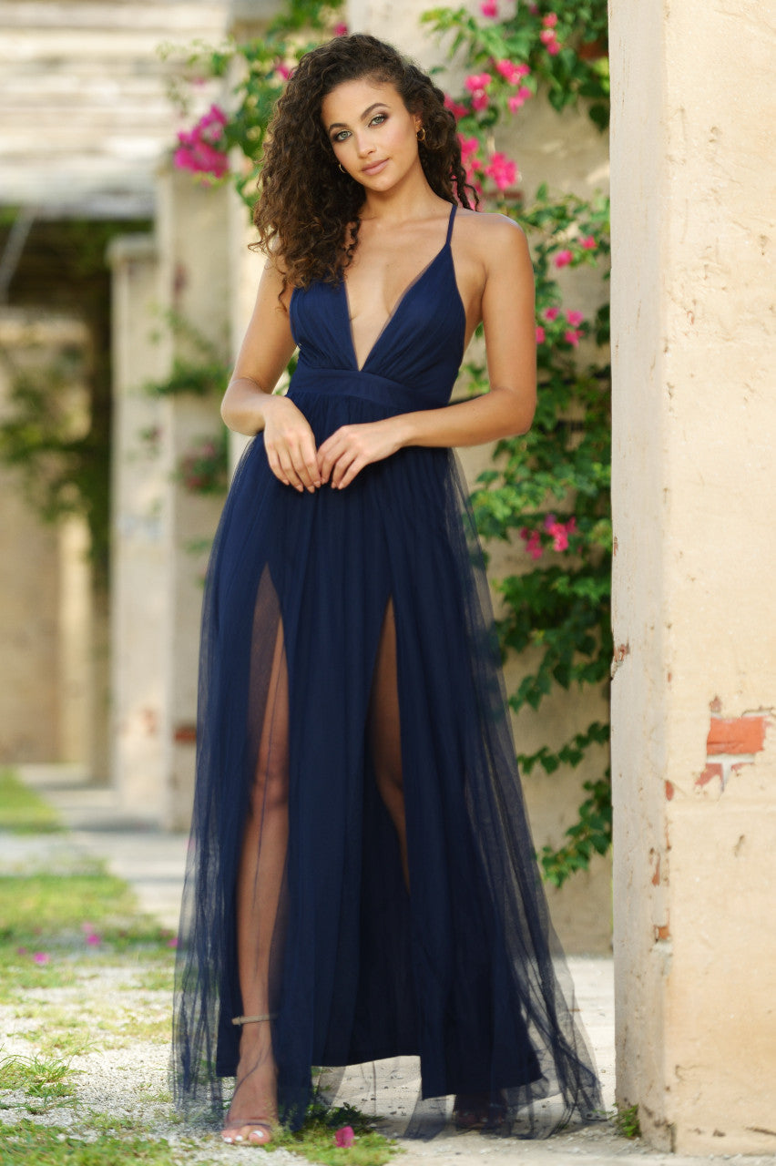 Sydney Deep-V Mesh Tulle Thigh High Slit Maxi Dress (Navy)