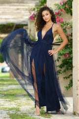 Sydney Deep-V Mesh Tulle Thigh High Slit Maxi Dress (Navy) - treasures-4-u-2-day
