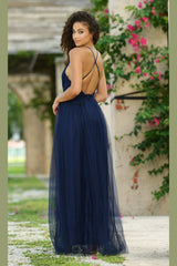 Sydney Deep-V Mesh Tulle Thigh High Slit Maxi Dress (Navy) - treasures-4-u-2-day