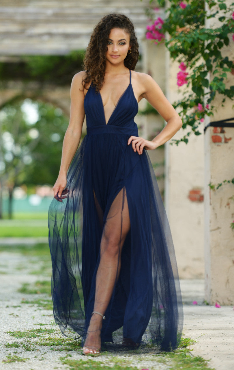 Sydney Deep-V Mesh Tulle Thigh High Slit Maxi Dress (Navy)