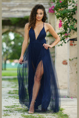Sydney Deep-V Mesh Tulle Thigh High Slit Maxi Dress (Navy) - treasures-4-u-2-day
