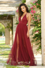 Sydney Deep-V Sheer Satin Pleated Bodice Maxi Dress (Wine) - treasures-4-u-2-day