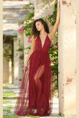 Sydney Deep-V Sheer Satin Pleated Bodice Maxi Dress (Wine) - treasures-4-u-2-day