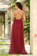 Sydney Deep-V Sheer Satin Pleated Bodice Maxi Dress (Wine) - treasures-4-u-2-day