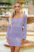 Sylvia Sequin Long Sleeve Cocktail Party Mini Dress (Lilac)