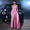 Velvet Sequined Cinched Waist Pink Evening Gown