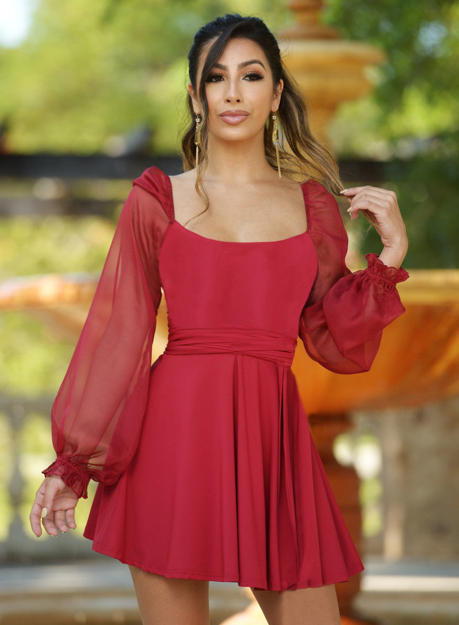 The Vera Two Way Long Puff Sleeve Mini Dress (Deep Red)
