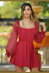 The Vera Two Way Long Puff Sleeve Mini Dress (Deep Red) - treasures-4-u-2-day