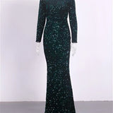 Women Modest Stretch Sequin Royal Blue Evening Gown