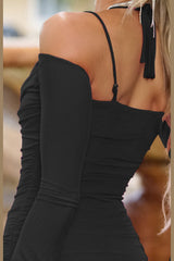 Zoe Long Bell Sleeves Ruched Cocktail Party Mini Dress (Blk) - treasures-4-u-2-day