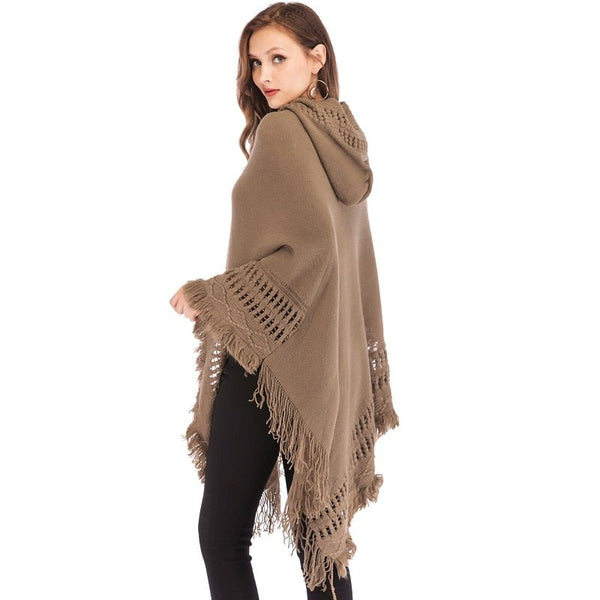 FLORATA Casual Hooded Poncho and Cape Knit Tassel Pullover Solid Sweater Poncho