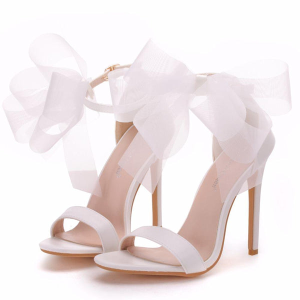 Women's Sweet Big Bow Knot Elegant Ankle Strap Party Stiletto High Heels White Wedding Shoes Open Toe Pumps