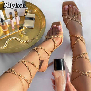 Eilyken Woman Sexy Elegant Gladiator Ankle Strappy Party Shoes Chain High Heels Wedding Shoes Open Toe Shoes Zapatos Size 35-42