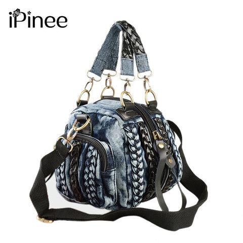 iPinee New For 2023 Designer Name Brand Rhinestone & Studs Jeweled Shoulder Bag Denim Handbag Woven Women's Denim Shoulder Bag Vintage Blue Jeans Crossbody Bag