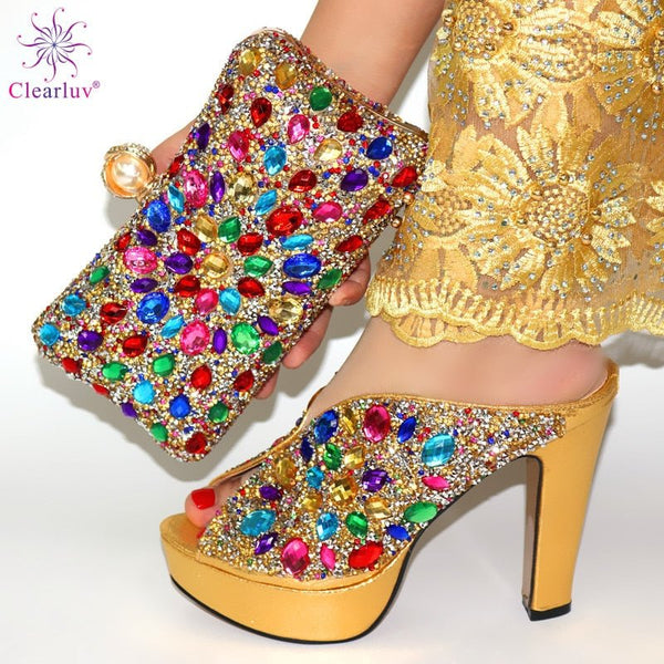 New Arrival Sky-Blue African Women Matching Italian Shoes and Bag Set Decorated With Rhinestone Italian Ladies Shoe and Bag