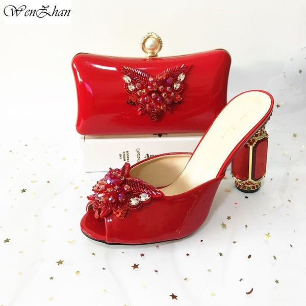 On Sales! Luxurious Glasses High Heel Shoes Matching With Elegant Red Handbags Fashion Style Shoes and Bags to Match Set 37-42