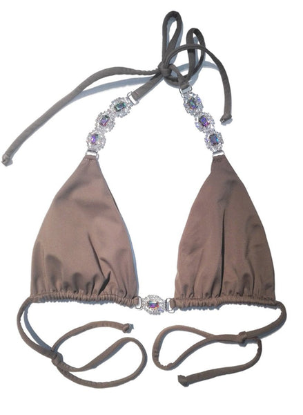 Regina’s Desire European Swimwear Swarovski Crystal Be-spangled Triangle Bikini Top (Brown)