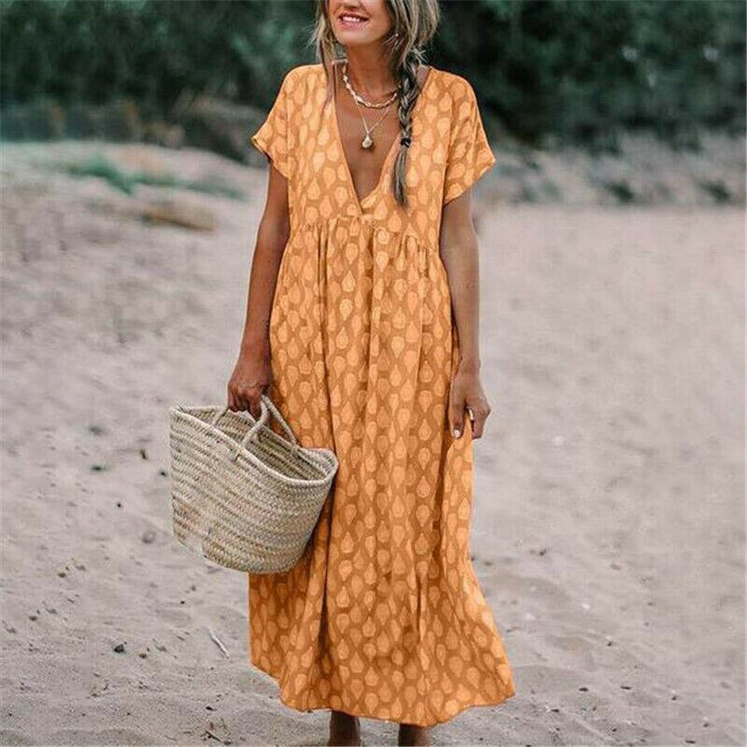 Women's Cotton Linen Deep-V Loose Fitting Short Sleeve Sweet Summertime Women's Long Maxi Boho Beach Dress