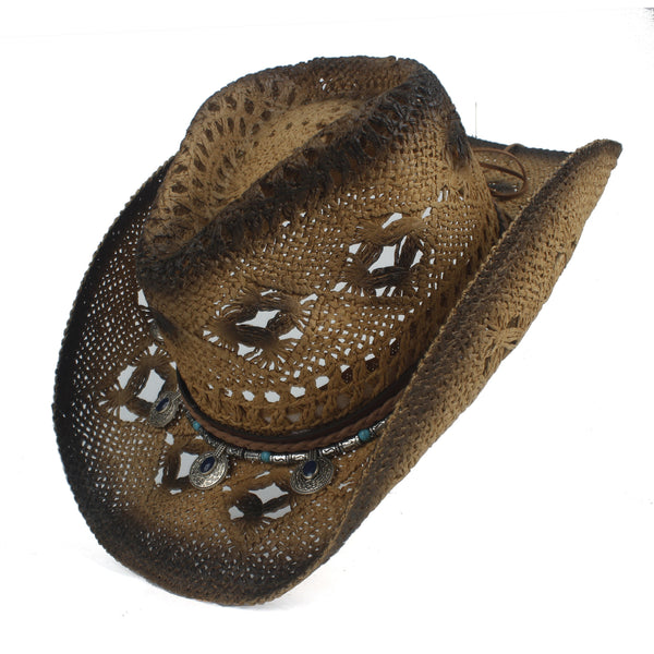 Retro Women Straw Hollow Western Cowboy Hat Lady Roll Up Brim Bohemia Tassel Sombrero Hombre Beach Cowgirl Jazz Sun Hat