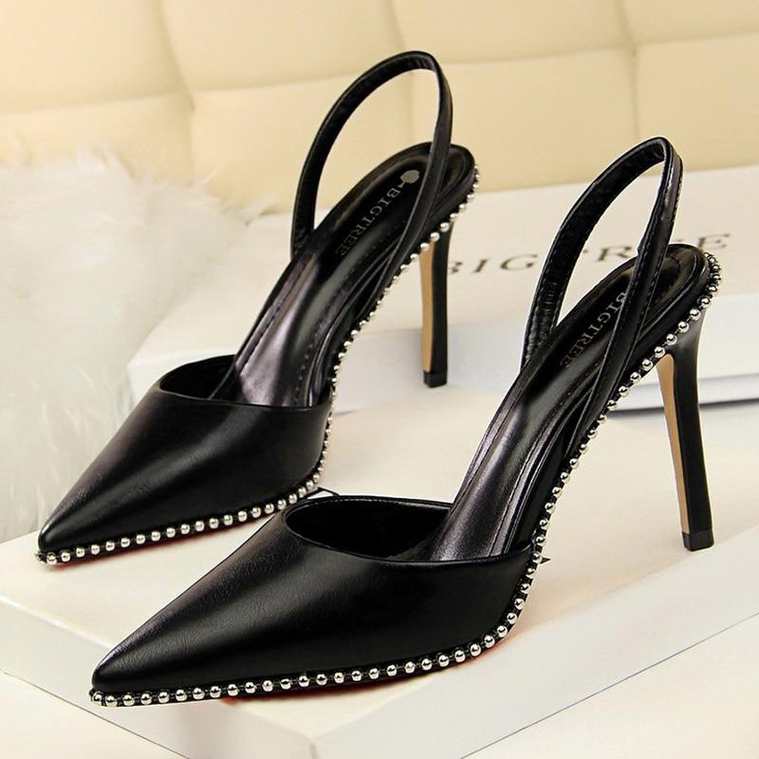 BIGTREE Shoes Rivet High Heels Woman Pumps Pu Leather Women Heels 9cm Sexy Party Shoes Black/Red/Apricot Wedding Heels