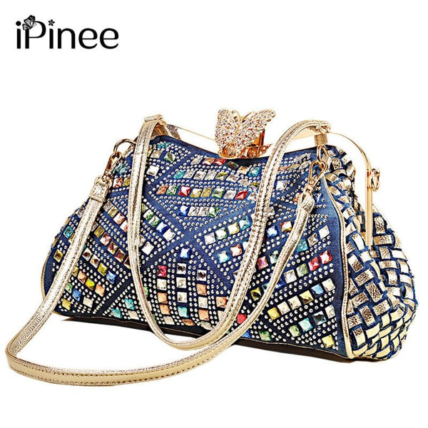 iPinee New For 2023 Name Brand Women's Fashion Plus Designer Rhinestone & Studs Jeweled Shoulder Bags Denim Handbags Denim Rhinestones Bag
