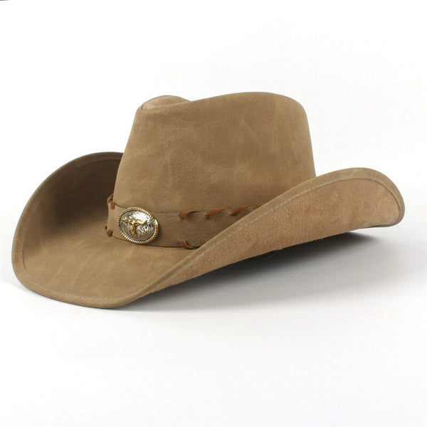 100% Leather Men Western Cowboy Hat for Dad Gentleman Sombrero Hombre Jazz Caps Size 58-59cm