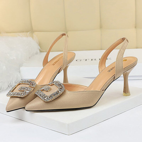 BIGTREE Summer Elegant Women's 7cm High Heels Wedding Sandals Designer Shallow Suede Heels Sandals Rhinestone Party Pumps