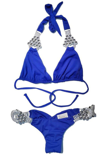 Regina’s Desire European Swimwear Swarovski Crystal Be-spangled Triangle Bikini Top (Blue)