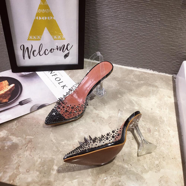 Gold PVC Transparent Women's Pumps Sandals Sexy Pointed Toe Crystal Studded High Heels Wedding Shoes Perspex Heels Slingback Pumps