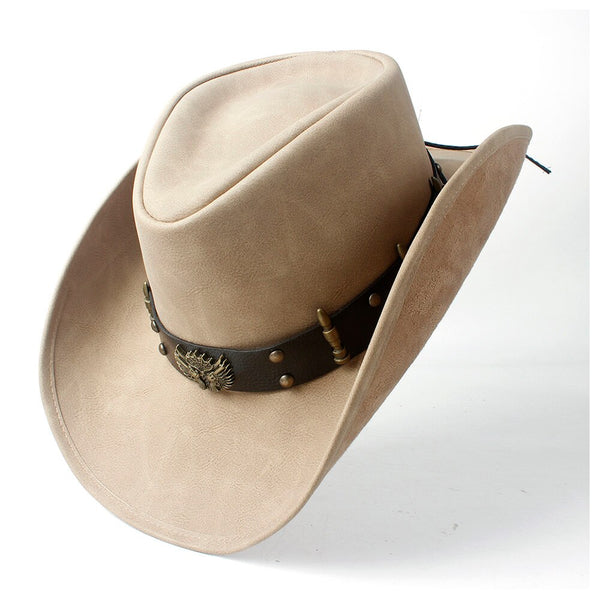 Women's Men's Autumn Leather Wide Brim Western Cowboy Cowgirl Fedora Hat Two Guns Leather Band