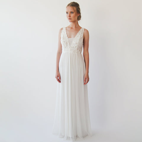 Blush Fashion Ivory Floral Lace Chiffon Skirt Backless Maxi Wedding Gown #1222