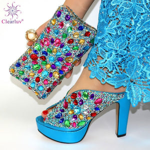 New Arrival Sky-Blue African Women Matching Italian Shoes and Bag Set Decorated With Rhinestone Italian Ladies Shoe and Bag