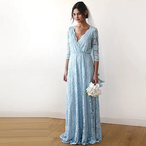 Blush Fashion Full Length Light Blue Three Quarter Sleeve V-Neckline Lace Bodice Maxi Wedding Gown #1124