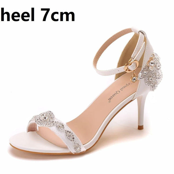 Crystal Queen Women's Sandals Summer High Heels Peep Toe Ankle Straps Bridal Pumps Party Luxury Diamond Lady White Wedding Shoes