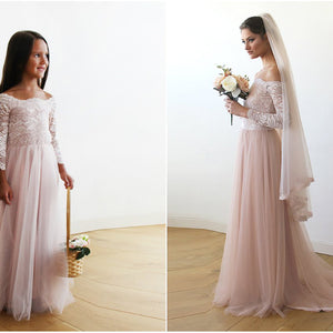 Blush Fashion Mommy & Me Boho Pink Off-The-Shoulder Silk Lace & Tulle Long Train Wedding Dress #1162