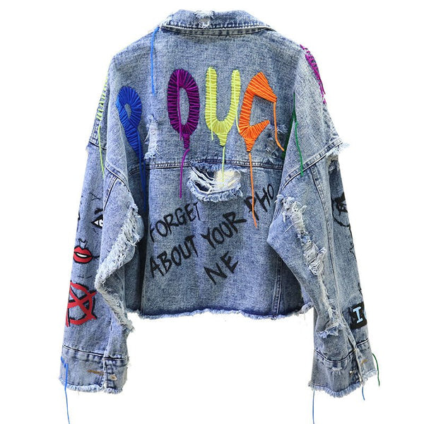 New For 2023 Designer Brand Name Rivets & Studs Women's Distressed Denim Jeans Jacket Spring/Autumn Graffiti Rivet Detail Denim Jeans Jacket Fashion Girl Outerwear