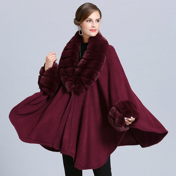 Fashion Capa Grande Big Faux Fox Fur Trim Collar Long Batwing Sleeves Poncho