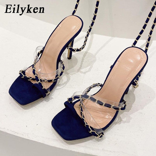 Eilyken Woman Sexy Elegant Gladiator Ankle Strappy Party Shoes Chain High Heels Wedding Shoes Open Toe Shoes Zapatos Size 35-42