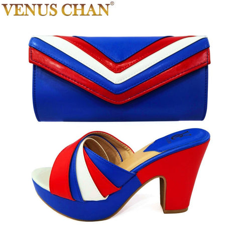 New Fashion Italian Design Hot Selling Party Elegant Women's Shoes and Bag Set Rhinestone Mixing Metal in Royal Blue